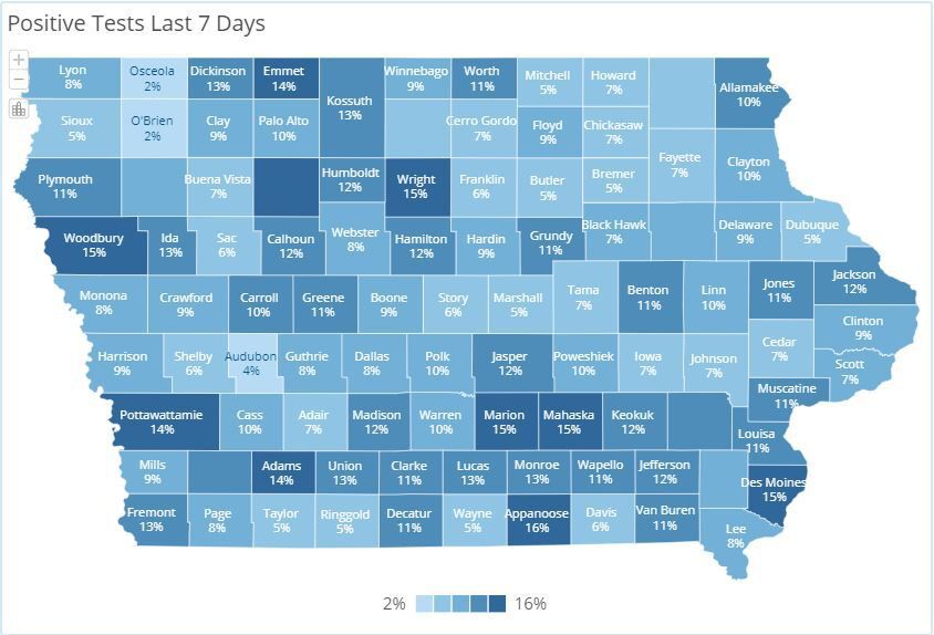 Seven-day positive case rates for Iowa